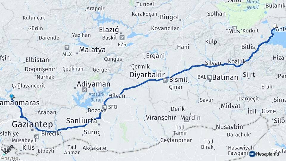 Kahramanmaraş Ahlat Bitlis Arası Kaç Km - Yol Haritası