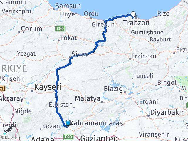 Kahramanmaraş Akçaabat Trabzon Arası Kaç Km - Yol Haritası