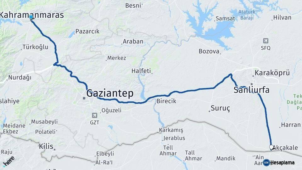Kahramanmaraş Akçakale Şanlıurfa Arası Kaç Km - Yol Haritası