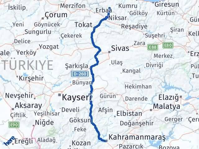 Kahramanmaraş Akkuş Ordu Arası Kaç Km - Yol Haritası