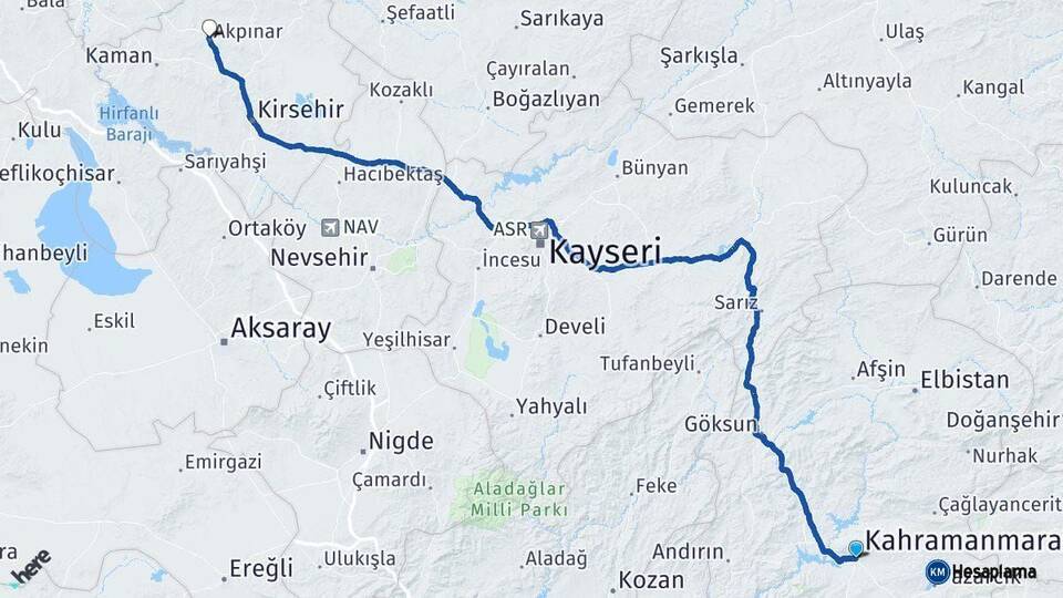 Kahramanmaraş Akpınar Kırşehir Arası Kaç Km - Yol Haritası