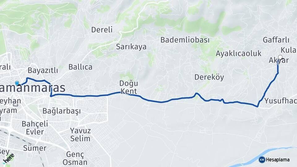 Kahramanmaraş Akyar Dulkadiroğlu Arası Kaç Km - Yol Haritası