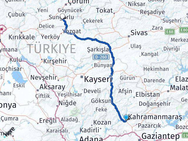 Kahramanmaraş Alaca Çorum Arası Kaç Km - Yol Haritası