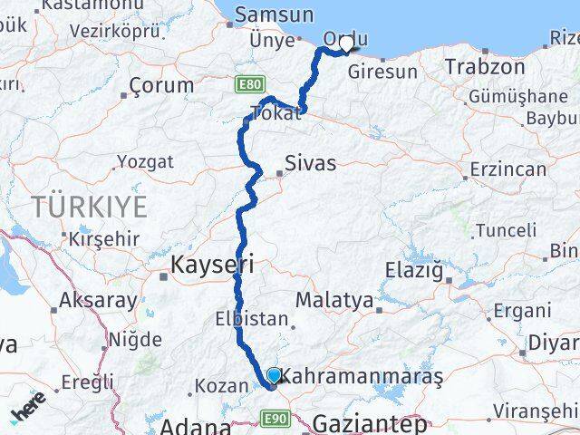 Kahramanmaraş Altınordu Arası Kaç Km - Yol Haritası