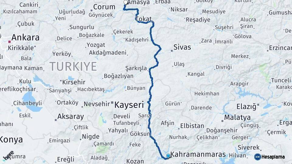 Kahramanmaraş Amasya Arası Kaç Km - Yol Haritası