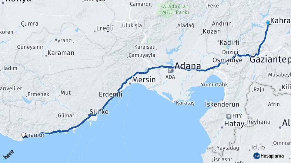 Kahramanmaraş Anamur Mersin Arası Kaç Km - Yol Haritası