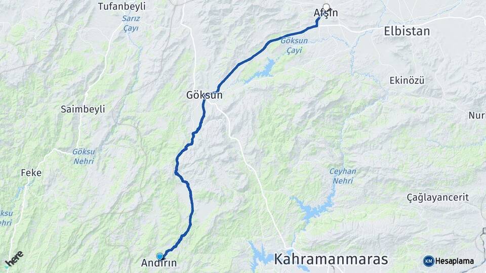 Kahramanmaraş Andırın Afşin Arası Kaç Km - Yol Haritası