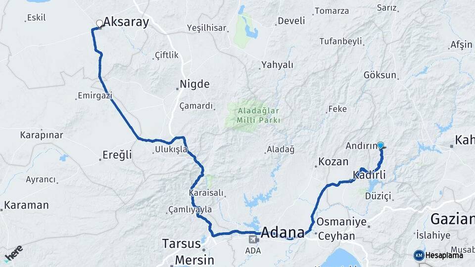 Kahramanmaraş Andırın Aksaray Arası Kaç Km - Yol Haritası