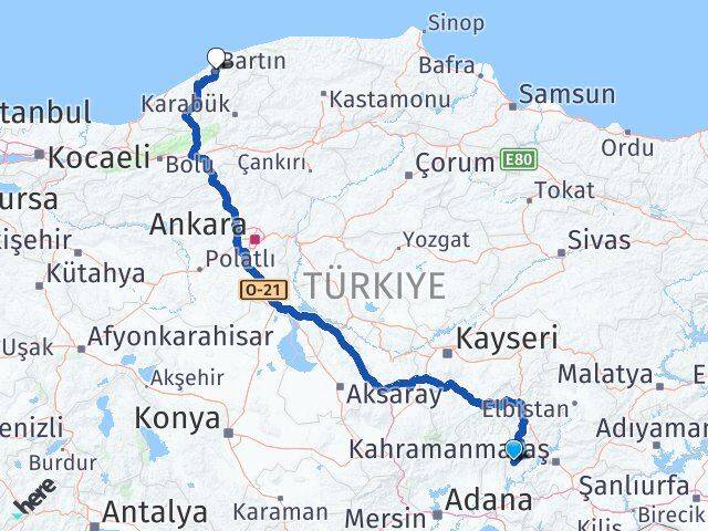 Kahramanmaraş Andırın Bartın Arası Kaç Km - Yol Haritası