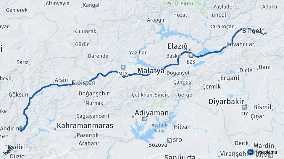 Kahramanmaraş Andırın Bingöl Arası Kaç Km - Yol Haritası