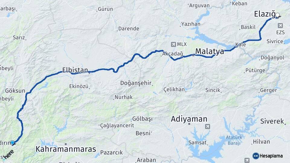 Kahramanmaraş Andırın Elazığ Arası Kaç Km - Yol Haritası