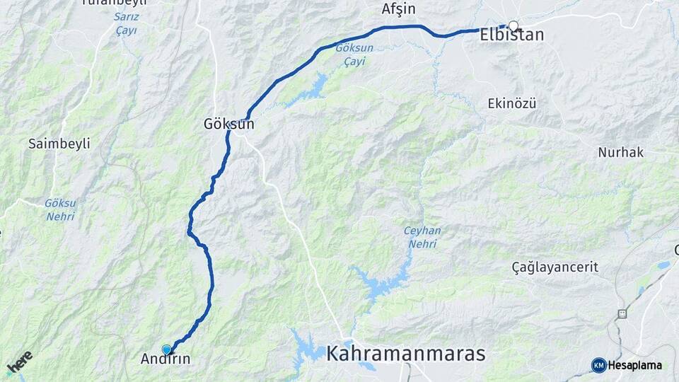 Kahramanmaraş Andırın Elbistan Arası Kaç Km - Yol Haritası