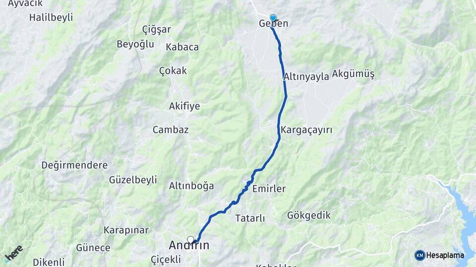 Kahramanmaraş Andırın Geben Andırın Arası Kaç Km - Yol Haritası