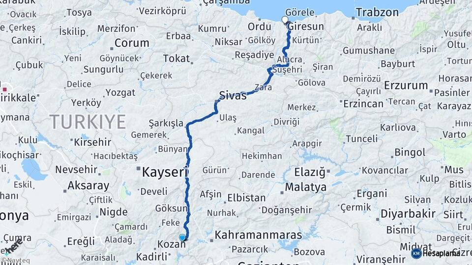 Kahramanmaraş Andırın Giresun Arası Kaç Km - Yol Haritası