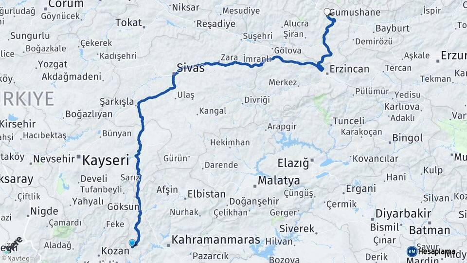 Kahramanmaraş Andırın Gümüşhane Arası Kaç Km - Yol Haritası