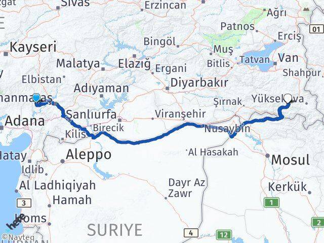 Kahramanmaraş Andırın Hakkari Arası Kaç Km - Yol Haritası