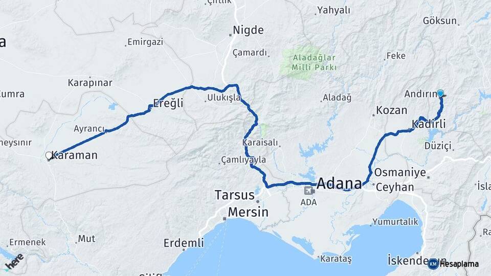 Kahramanmaraş Andırın Karaman Arası Kaç Km - Yol Haritası