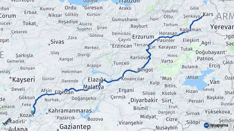 Kahramanmaraş Andırın Kars Arası Kaç Km - Yol Haritası
