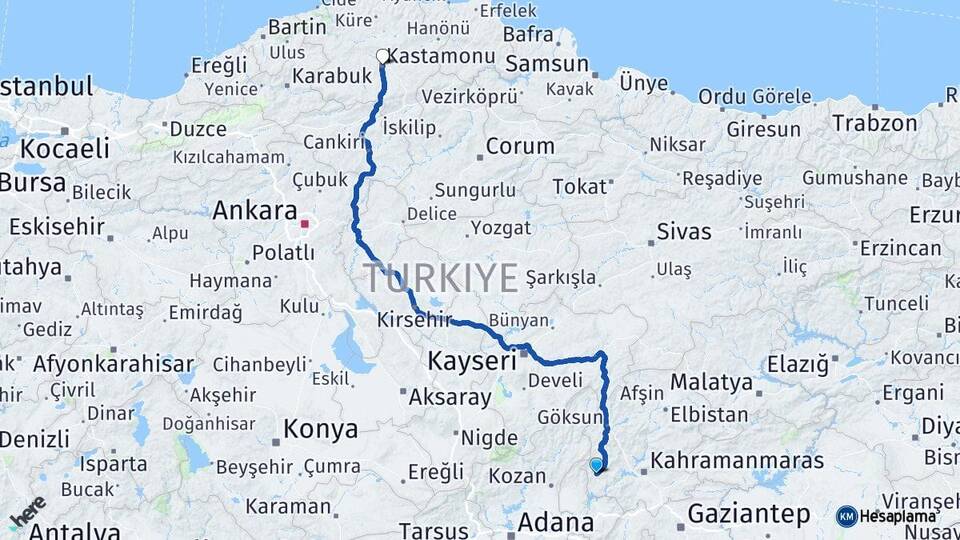 Kahramanmaraş Andırın Kastamonu Arası Kaç Km - Yol Haritası