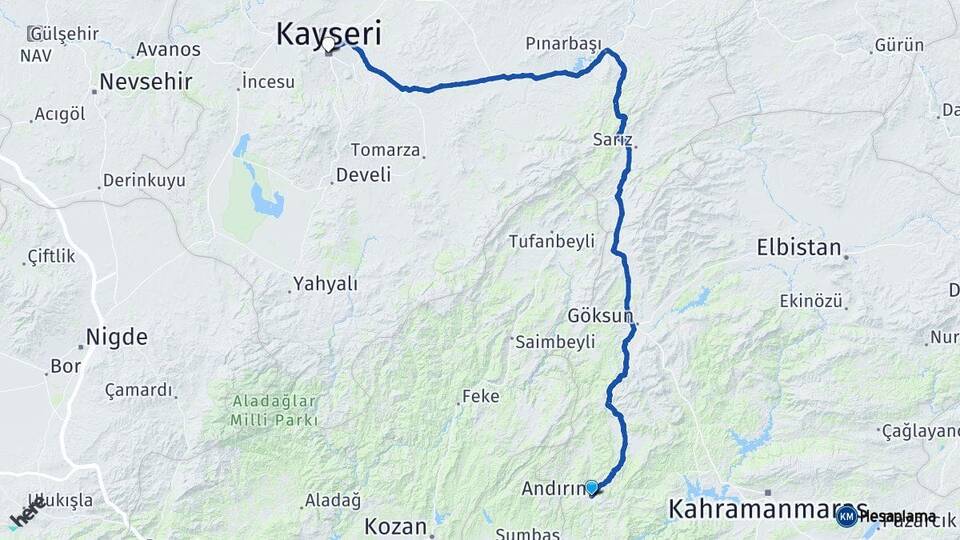 Kahramanmaraş Andırın Kayseri Arası Kaç Km - Yol Haritası