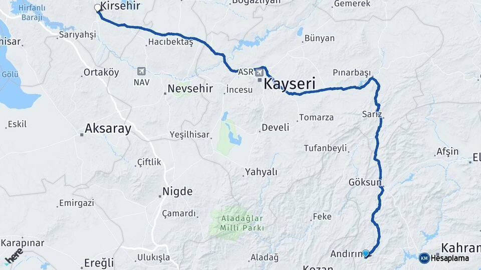Kahramanmaraş Andırın Kırşehir Arası Kaç Km - Yol Haritası