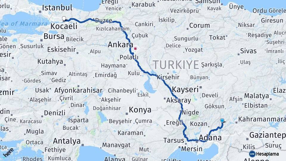 Kahramanmaraş Andırın Kocaeli Arası Kaç Km - Yol Haritası
