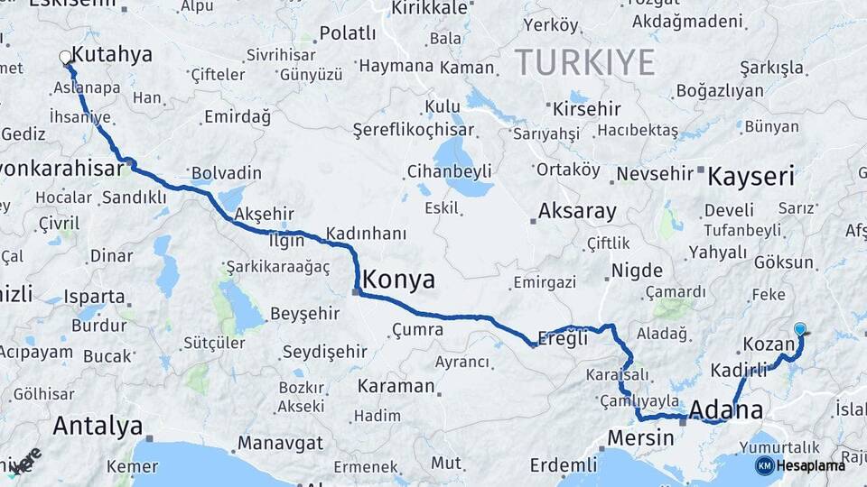Kahramanmaraş Andırın Kütahya Arası Kaç Km - Yol Haritası