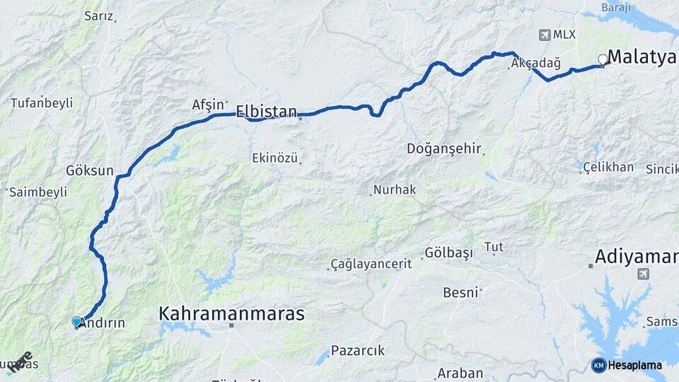 Kahramanmaraş Andırın Malatya Arası Kaç Km - Yol Haritası