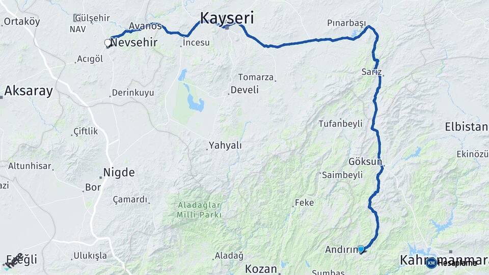 Kahramanmaraş Andırın Nevşehir Arası Kaç Km - Yol Haritası