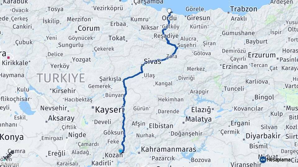 Kahramanmaraş Andırın Ordu Arası Kaç Km - Yol Haritası