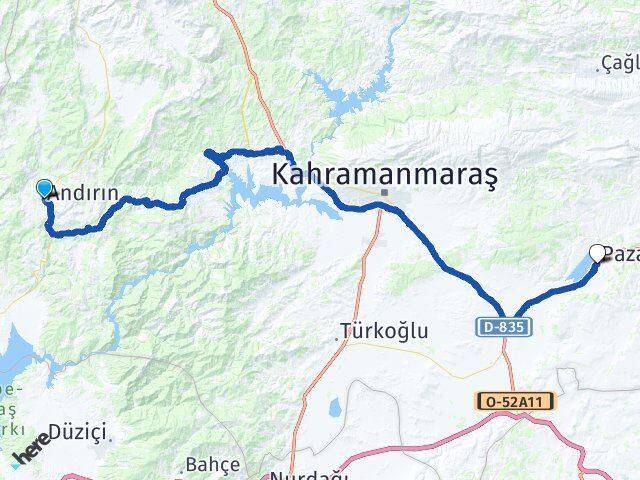 Kahramanmaraş Andırın Pazarcık Arası Kaç Km - Yol Haritası