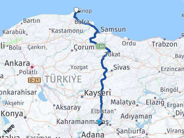 Kahramanmaraş Andırın Sinop Arası Kaç Km - Yol Haritası