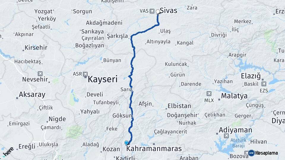 Kahramanmaraş Andırın Sivas Arası Kaç Km - Yol Haritası