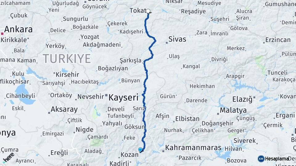 Kahramanmaraş Andırın Tokat Arası Kaç Km - Yol Haritası
