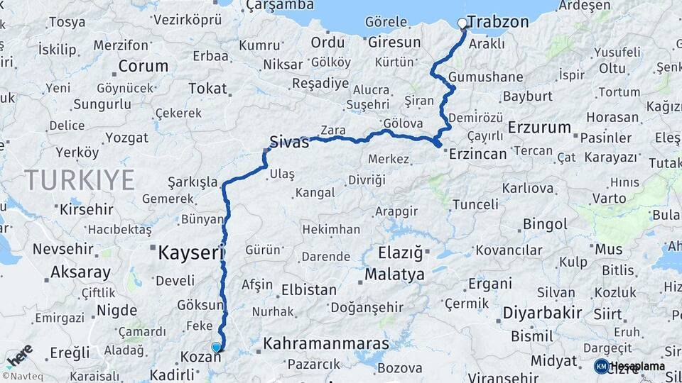 Kahramanmaraş Andırın Trabzon Arası Kaç Km - Yol Haritası
