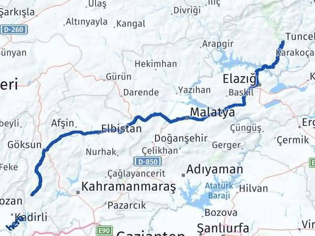 Kahramanmaraş Andırın Tunceli Arası Kaç Km - Yol Haritası