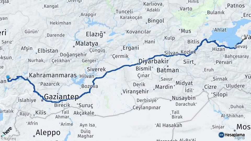 Kahramanmaraş Andırın Van Arası Kaç Km - Yol Haritası