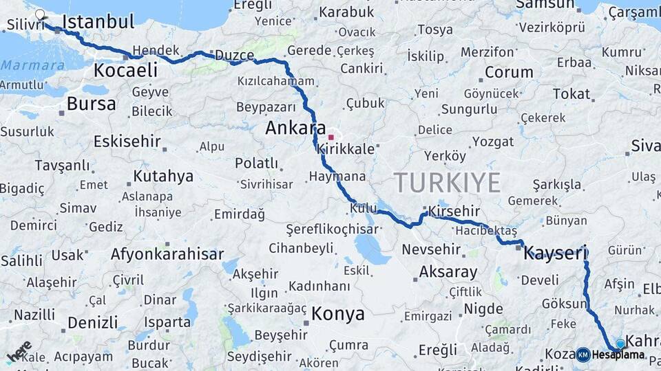 Kahramanmaraş Arnavutköy İstanbul Arası Kaç Km - Yol Haritası