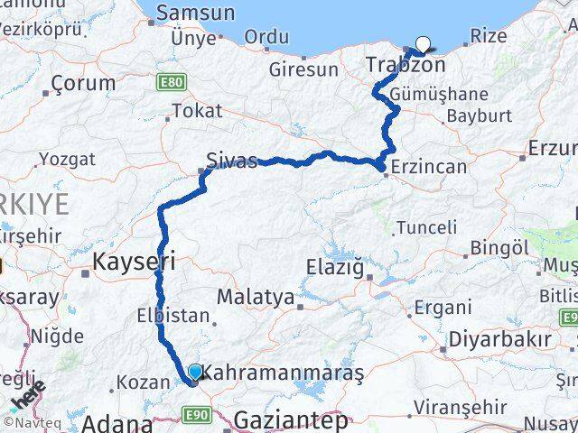 Kahramanmaraş Arsin Trabzon Arası Kaç Km - Yol Haritası