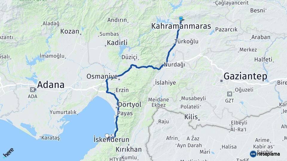 Kahramanmaraş Arsuz Hatay Arası Kaç Km - Yol Haritası