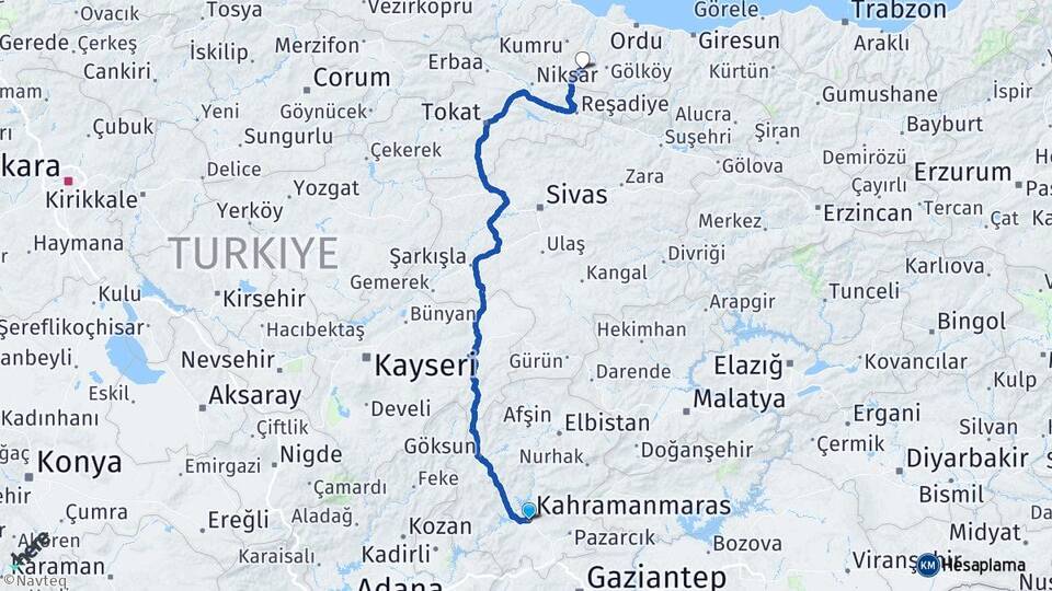 Kahramanmaraş Aybastı Ordu Arası Kaç Km - Yol Haritası