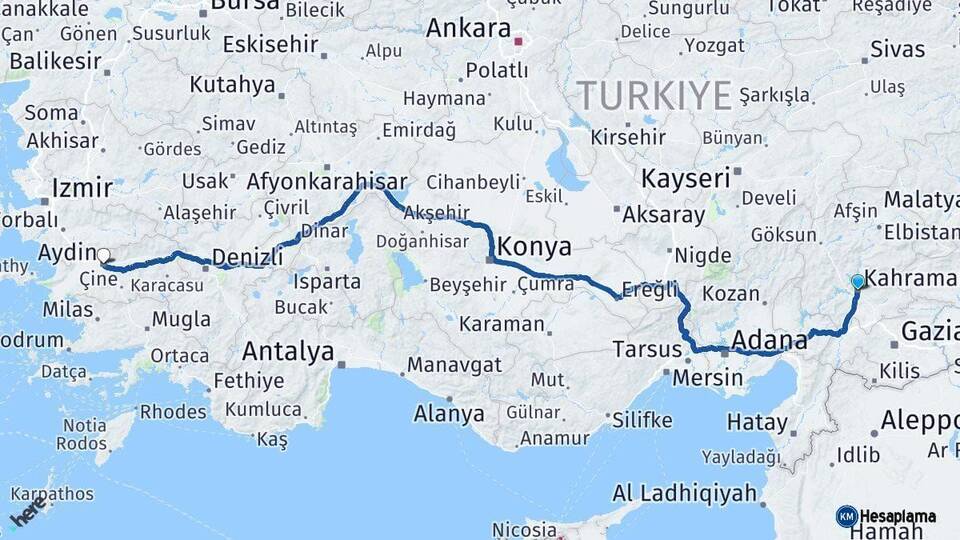Kahramanmaraş Aydın Arası Kaç Km - Yol Haritası
