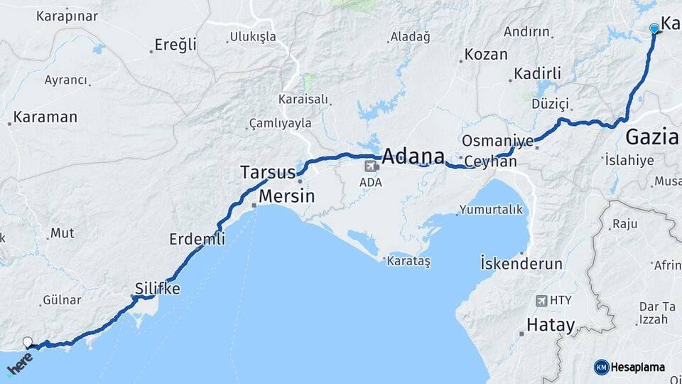Kahramanmaraş Aydıncık Mersin Arası Kaç Km - Yol Haritası