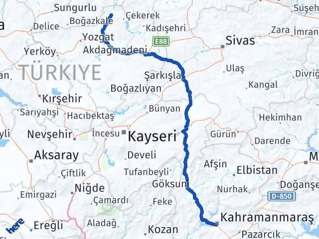 Kahramanmaraş Aydıncık Yozgat Arası Kaç Km - Yol Haritası