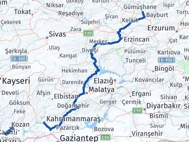 Kahramanmaraş Aydıntepe Bayburt Arası Kaç Km - Yol Haritası