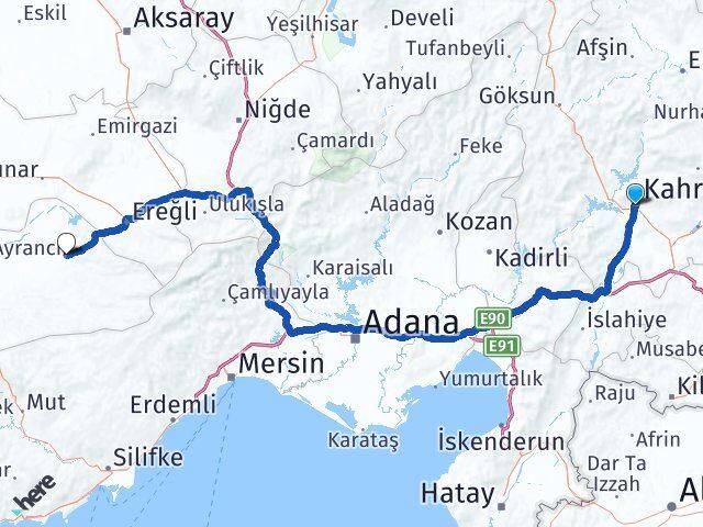 Kahramanmaraş Ayrancı Karaman Arası Kaç Km - Yol Haritası