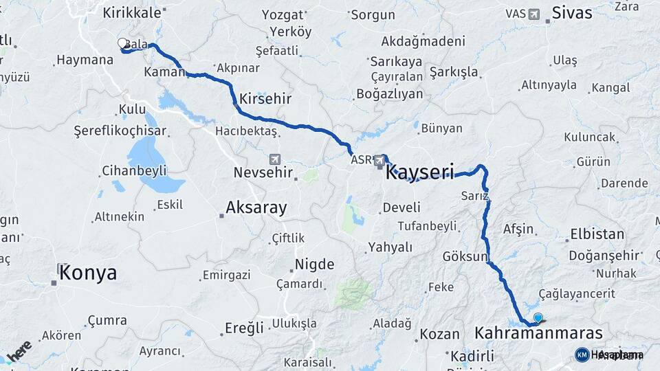 Kahramanmaraş Bala Ankara Arası Kaç Km - Yol Haritası