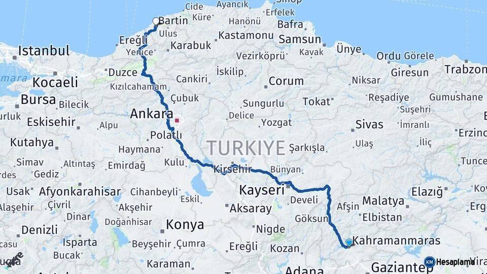 Kahramanmaraş Bartın Arası Kaç Km - Yol Haritası