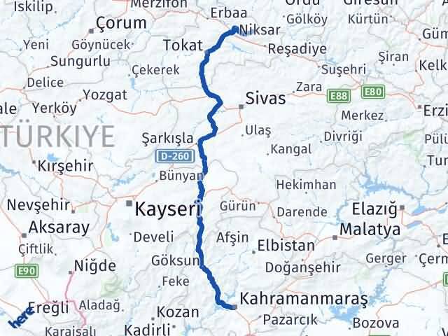 Kahramanmaraş Başçiftlik Tokat Arası Kaç Km - Yol Haritası