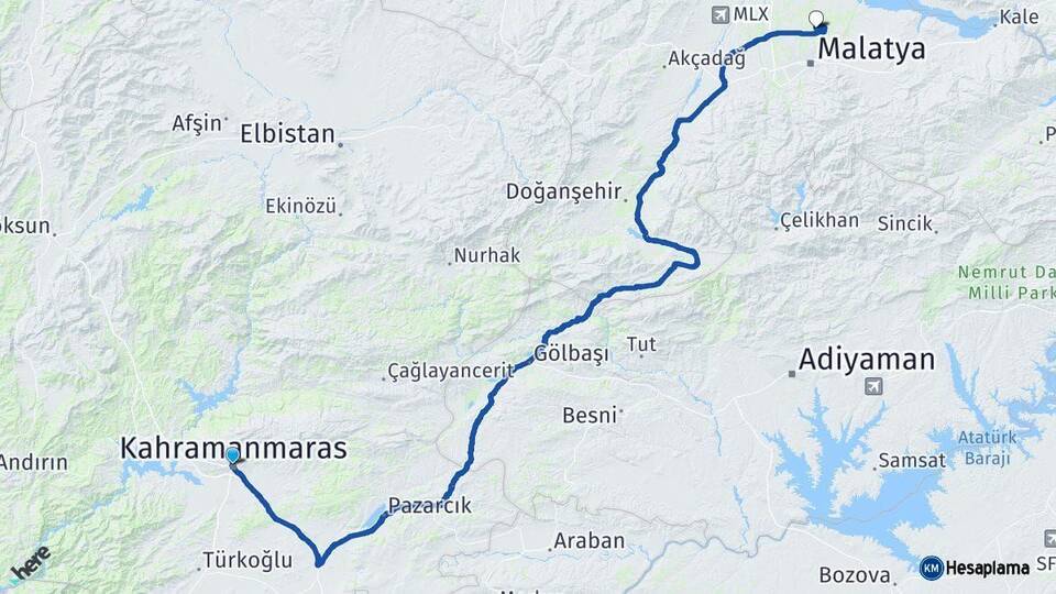 Kahramanmaraş Battalgazi Malatya Arası Kaç Km - Yol Haritası